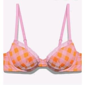 Savage X Fenty Size 34A Gingham Unlined Plunge Bra Pink Orange Check'd Out NWT
